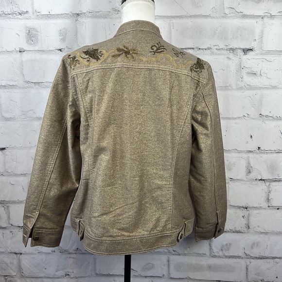 Chicoโs Gold Metallic Lined Button Down Embroidered Jacket - Picture 2 of 11
